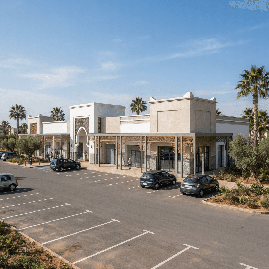 Retail park contemporain avec cellules commerciales et parking extérieur