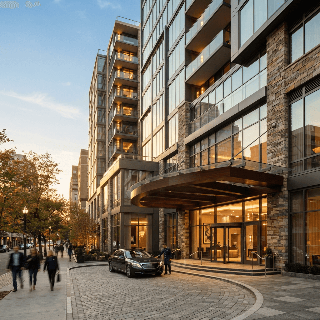 Façade d’un hôtel urbain haut de gamme sans enseigne