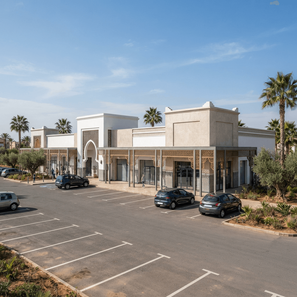 Retail park contemporain avec cellules commerciales et parking